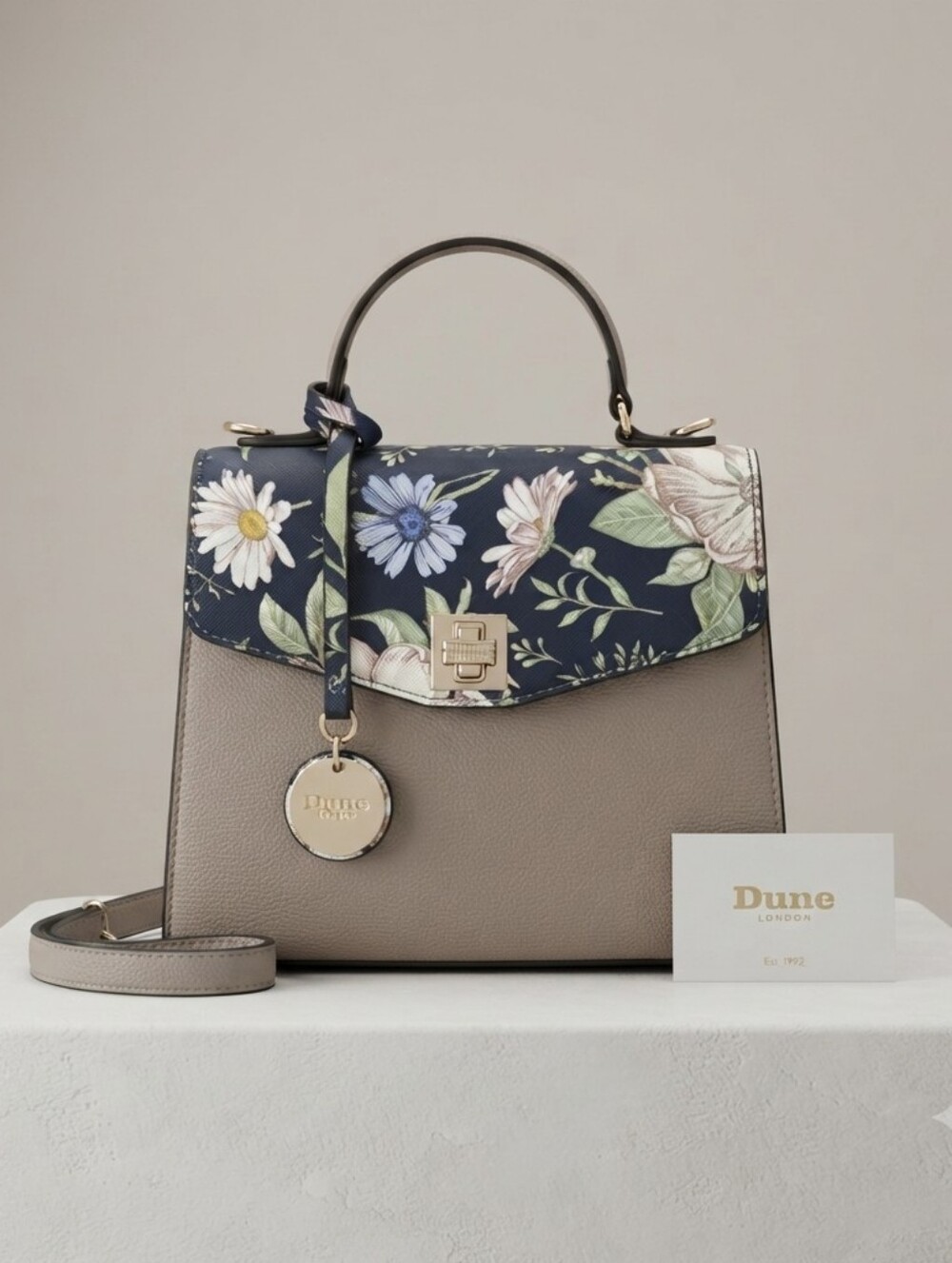 Dune London Taupe Satchel with Navy Floral Flap
